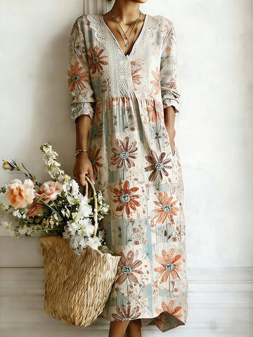 Women's Bohemian Vintage Floral Art Print Flowy Linen Blend Casual Dress