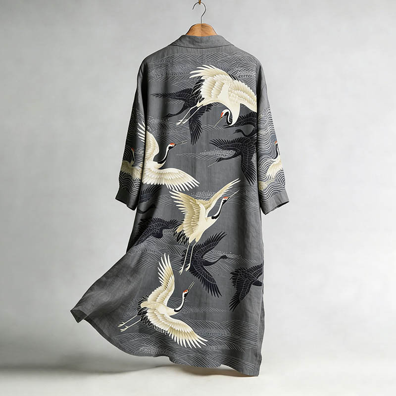 Women's Japanese Crane Art Pattern Linen Long Kimono