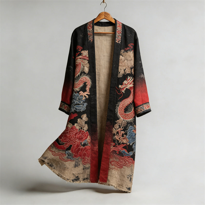 Japanese Ancient Dragons Art Linen Long Kimono