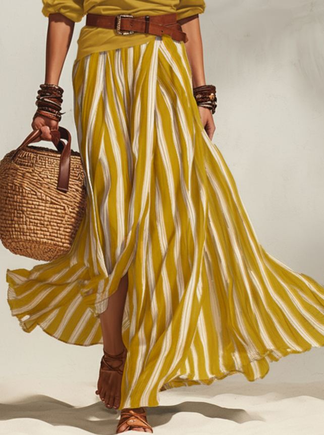 Nautical Vacation Style Navy Blue And White Striped Chiffon Slit Skirt