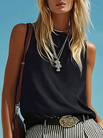 Casual vacation black cotton linen sleeveless vest