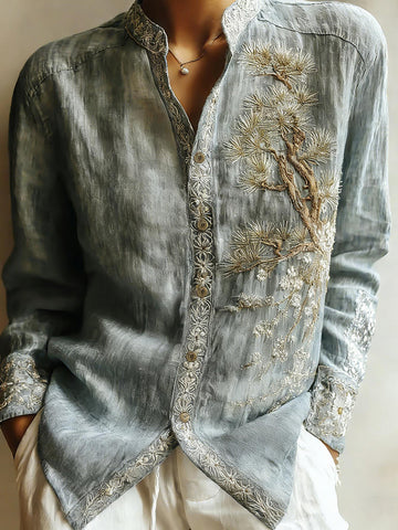 Women's Retro Japanese Pine Tree Art Pattern Casual Linen Shirt