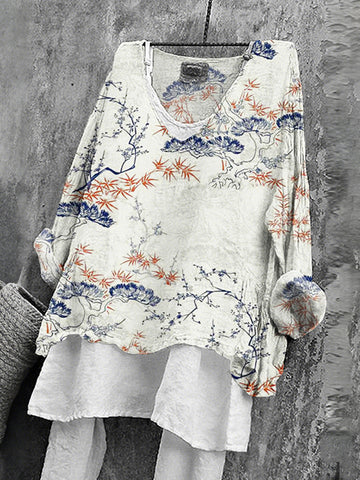 Women's Japanese Floral Art Print V-neck Loose T-shirt