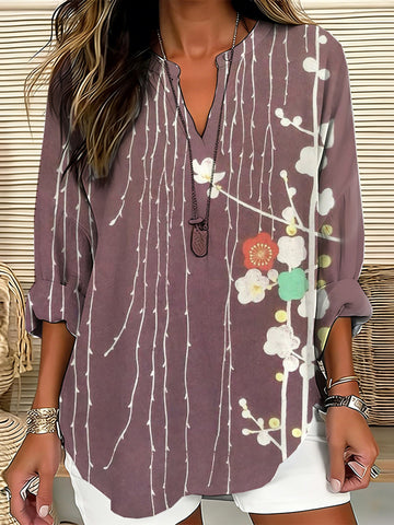 Japanese Line Art Floral V-neck Cotton And Linen Top