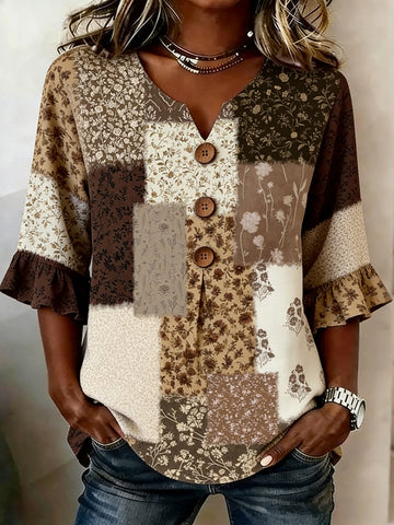 Women's Bohemian Vintage Floral  Patchwork Art Print Flowy Casual Tops