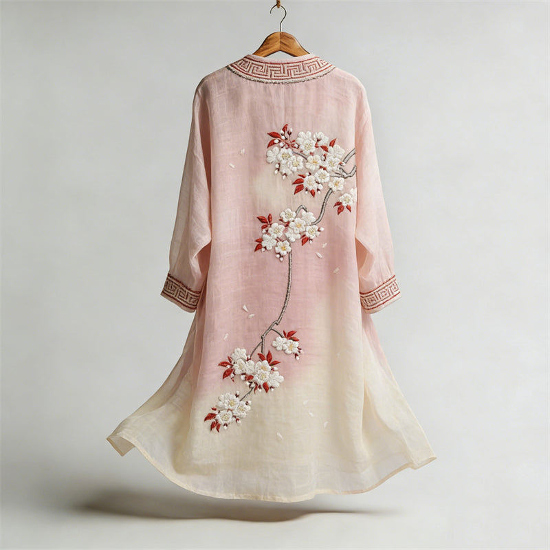 Cherry Blossom Japanese Gradient Flowy Linen Long Kimono