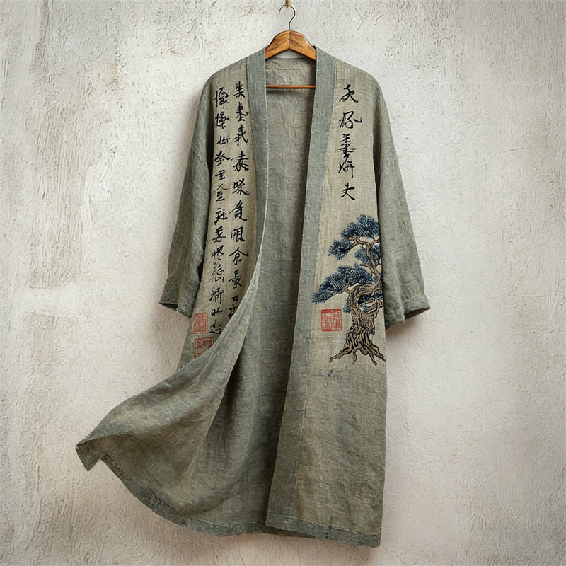 Japanese Pine Tree Calligraphy Art Linen Long Kimono