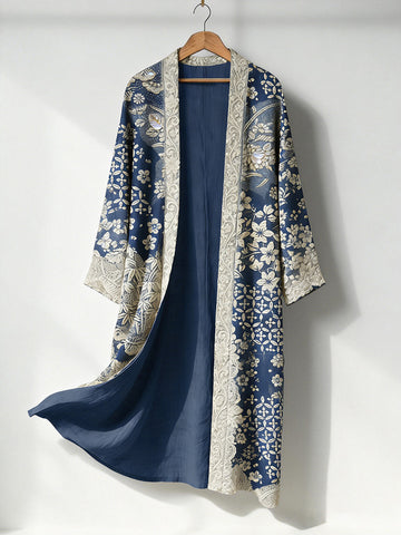 Women's Vintage Japanese Flower Art Linen Long Kimono