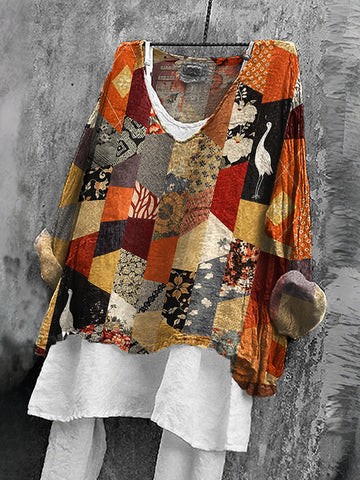 Women's Retro Japanese Patchwork Art V-neck T-shirt
