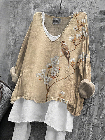 Women's Japanese Floral & Birds Art V-neck Linen Blend T-shirt