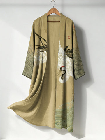 Women's Retro Japanese Crane Art Print Flowy Long Linen Kimono