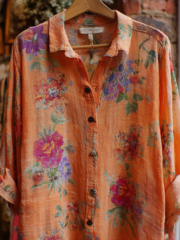 Women's Bohemian Floral Print Casual Linen Long-sleeved Shirt