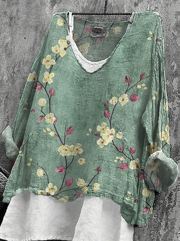 Women's Japanese Floral Art Linen Blend Casaul T-shirt