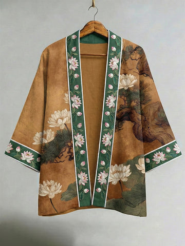 Japanese Lotus Motif Art Linen Kimono