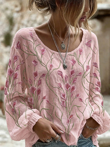 Women's Flower Print Crew Neck Long Sleeve Linen Blend T-shirt