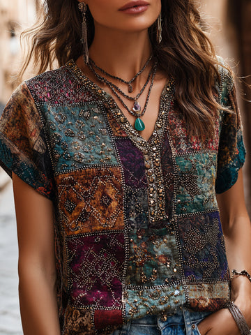 Vintage Bohemian Geometric Patchwork Sequin Short Sleeve Top