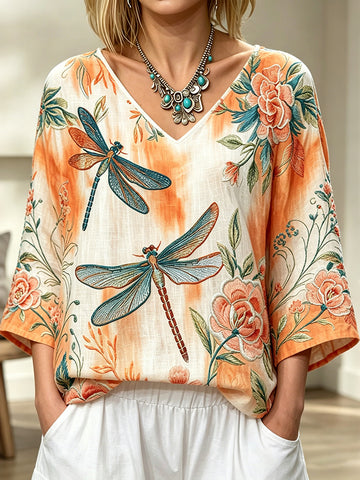 Women's Vintage Floral Dragonfly Art Print Flowy Linen Blend  Three-quarter Sleeve V Neck Linen Tops
