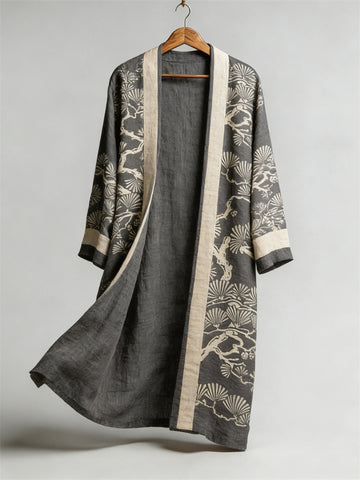 Japanese Pine Trees Lino Pattern Flowy Linen Long Kimono