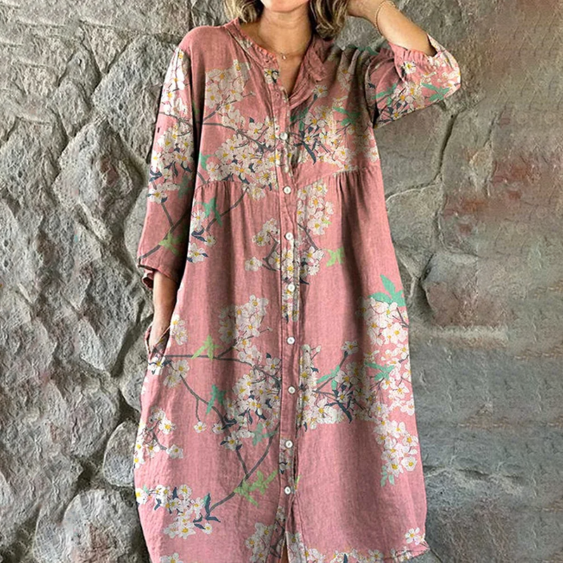 Women's Elegant Simple Floral Pattern Shirt Cotton And Linen Dress