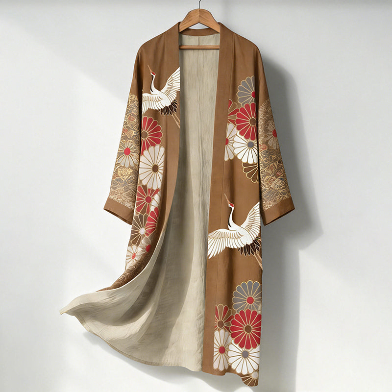 Women's Vintage Japanese Crane Flower Art Pattern Linen Long Kimono