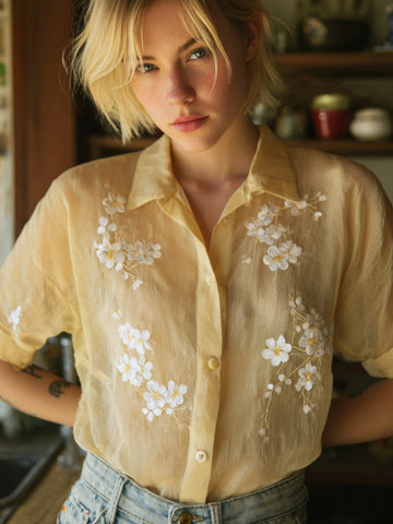Retro Japanese Cherry Blossom Tree Lapel Cardigan Short-sleeved Top