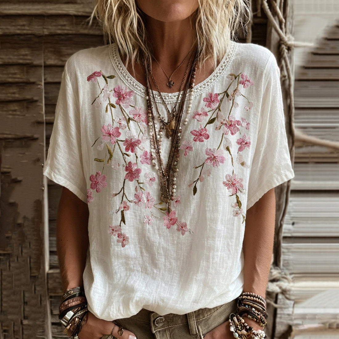 Women's Japanese Flower Art Print Linen Blend T-shirt