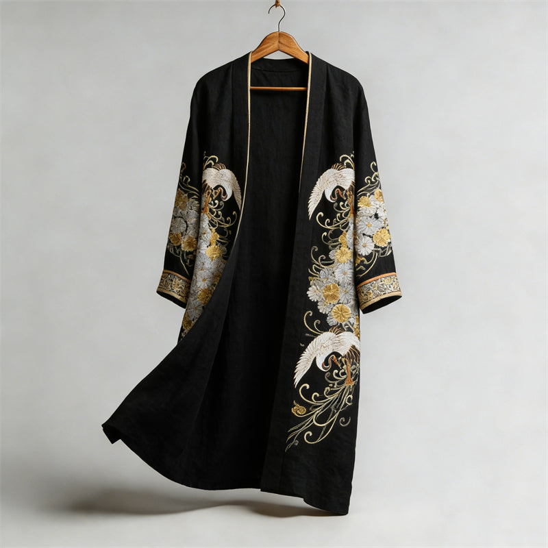 Japanese Cranes & Chrysanthemum Floral Flowy Linen Long Kimono