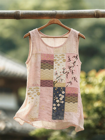 Cherry Blossom Japanese Patchwork Art Linen Tank Top
