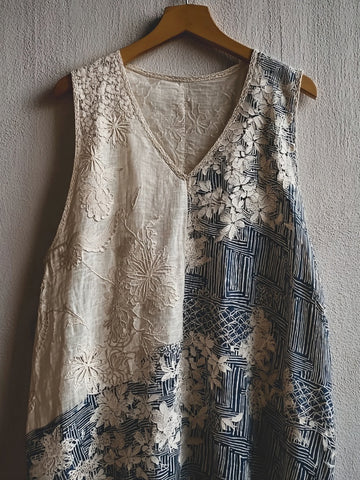 Japanese Floral Patchwork Lace Linen Tank Top