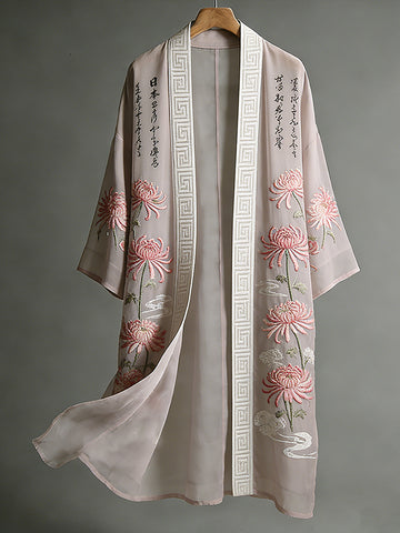Japanese-style Chrysanthemum And Calligraphy Art Embroidered Pink Cotton-linen Blend Kimono