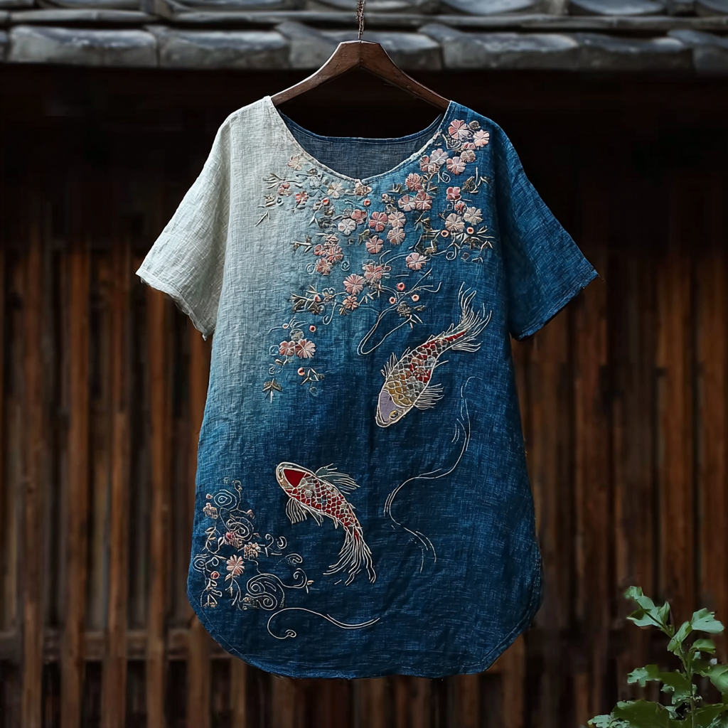 Japanese Art Goldfish And Cherry Blossom  Pattern Design Casual Linen Short-sleeve T-shirt ·