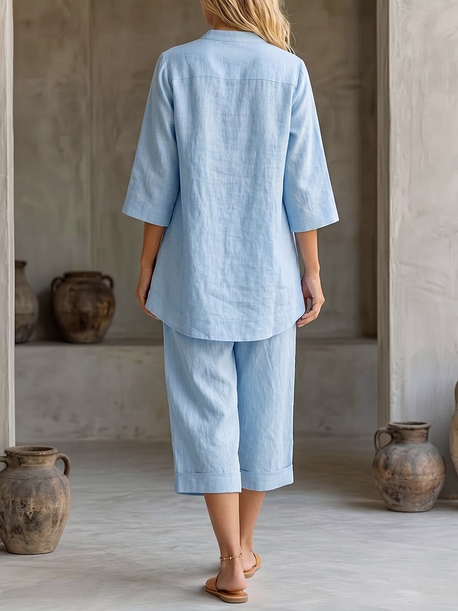 Women's Solid-color Cotton-linen Set: V-neck 3/4-sleeve Loose-fit Top & High-waisted Wide-leg Pants