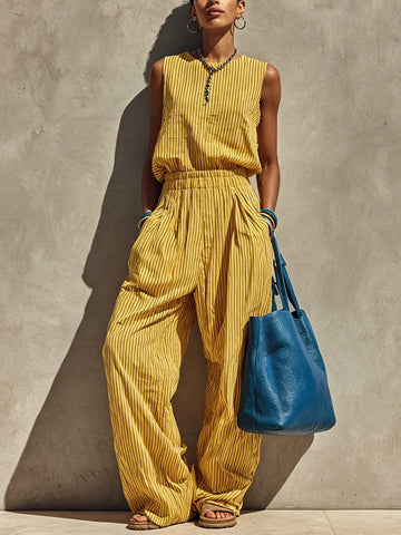 Women's Minimalist-style Striped Casual Cotton Two-piece Set