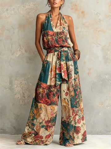 Retro Patchwork Floral Halter-neck Sleeveless Top + Elastic-waist Wide-leg Cotton-linen Pants Two-piece Set