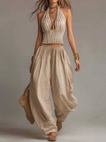 Bohemian Cotton-Linen Halter Smocked Crop Top & Harem Pants Two-Piece Set