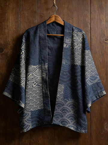 Japanese Art Retro Geometric Patchwork Cotton And Linen Cardigan