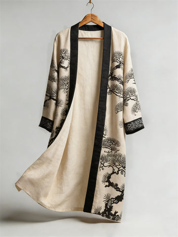 Japanese Pine Trees Lino Art Flowy Long Linen Kimono