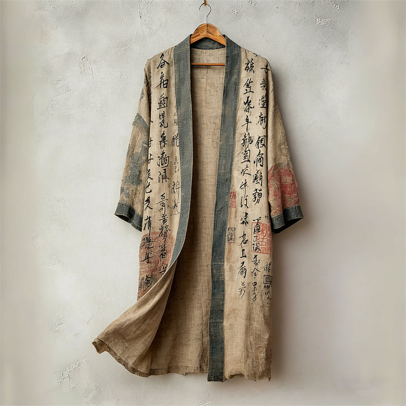 Japanese Ancient Calligraphy Art Linen Long Kimono