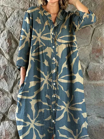 Women's V-neck Elegant Simple Art Pattern Cotton And Linen Dress