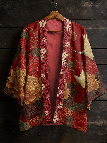 Japanese Vintage Flower White Crane Pattern Casual Kimono Cardigan