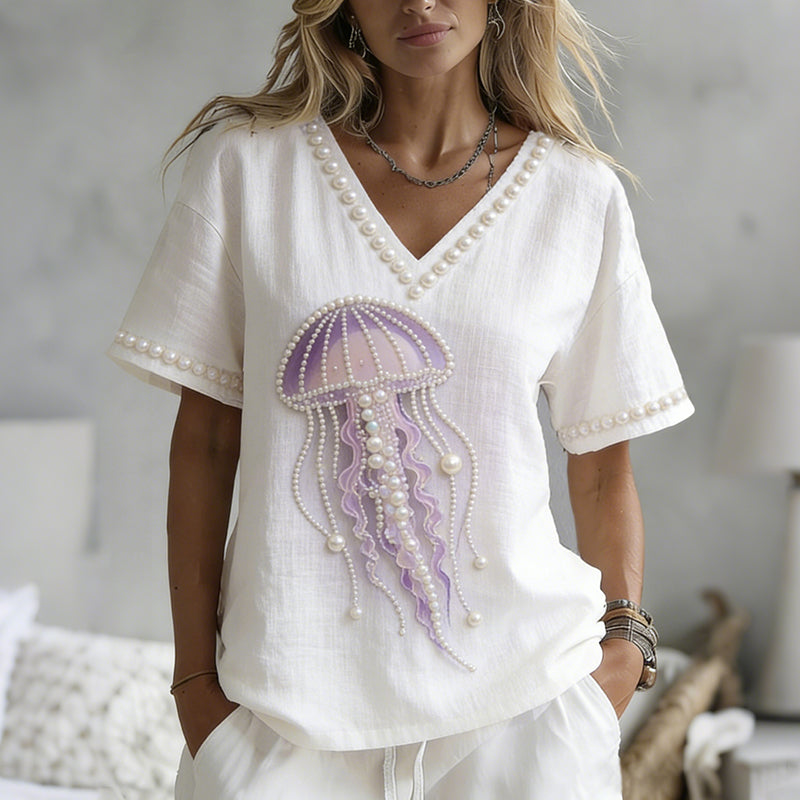 Retro Ocean Jellyfish With Pearl Pattern Linen V-neck T-shirt