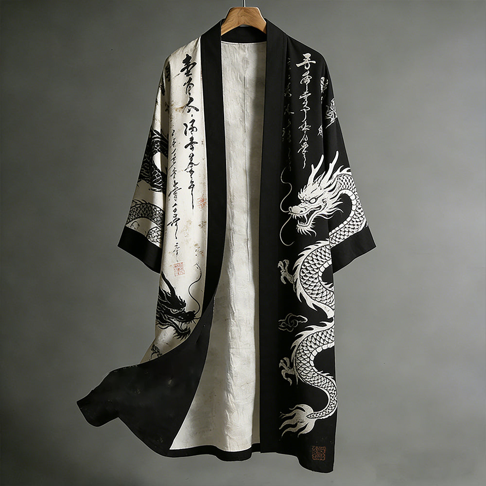 Retro Japanese Dragon Art Black And White Contrast Linen Long Kimono