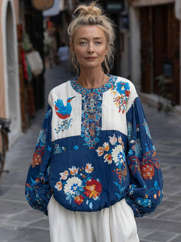 Women's Patchwork Art Floral And Bird Pattern Comfortable Top