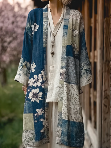 Japanese Art Retro Color Block Design Long Sleeve Cardigan