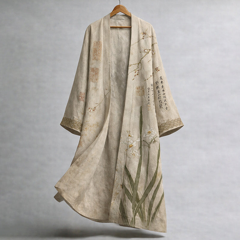 Women's Calligraphy And Floral Art Linen Long Kimono