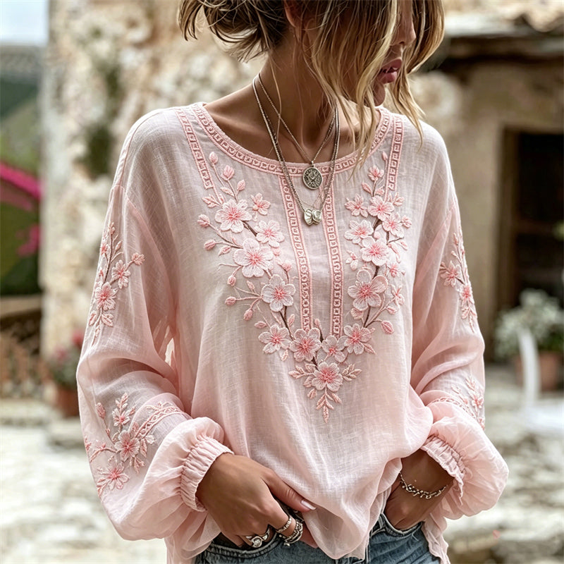 Boho Japanese Cherry Blossom Flowy Linen Tunic