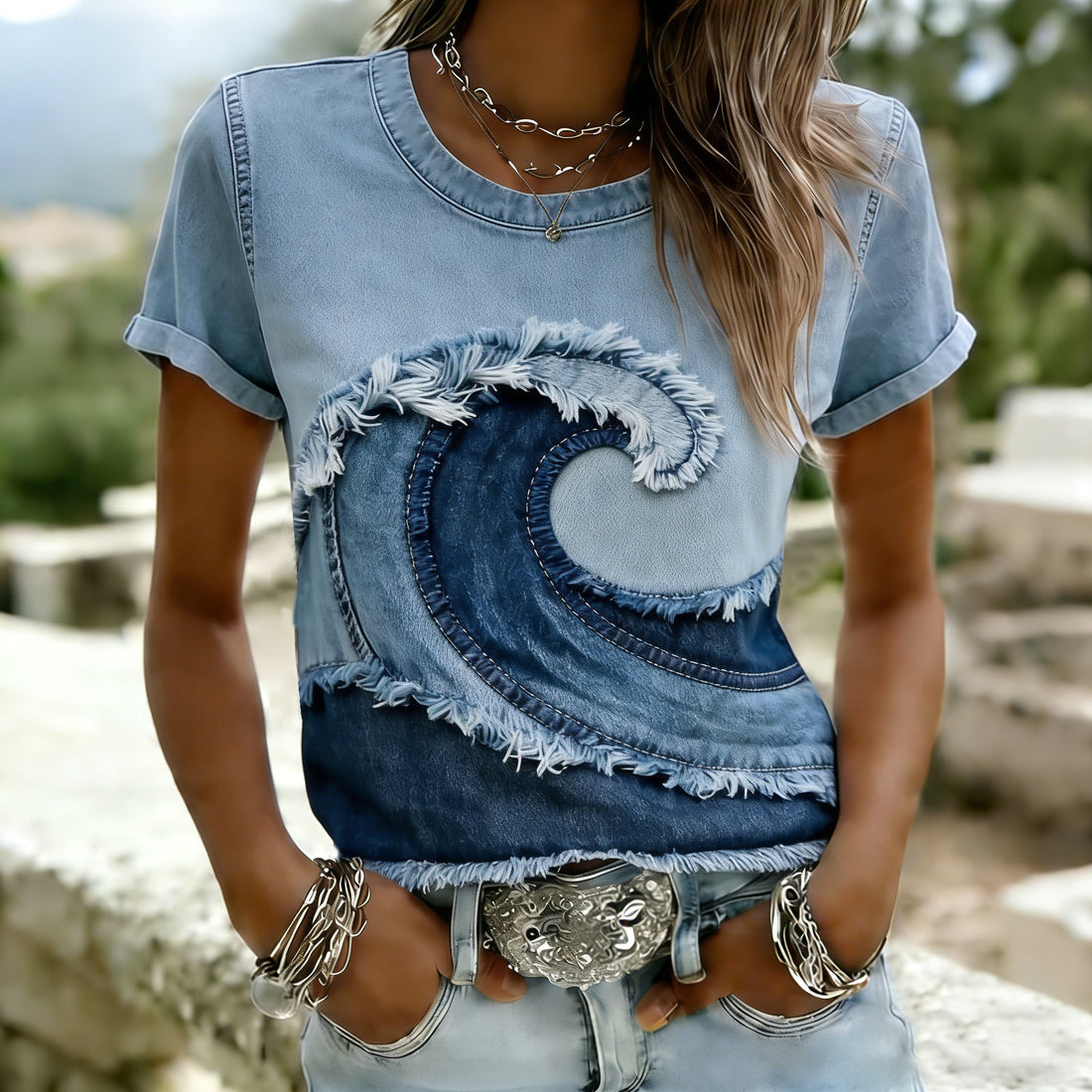 Retro Japanese Art Denim Waves Patchwork Pattern Linen T-shirt