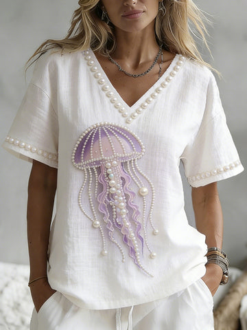 Retro Ocean Jellyfish With Pearl Pattern Linen V-neck T-shirt