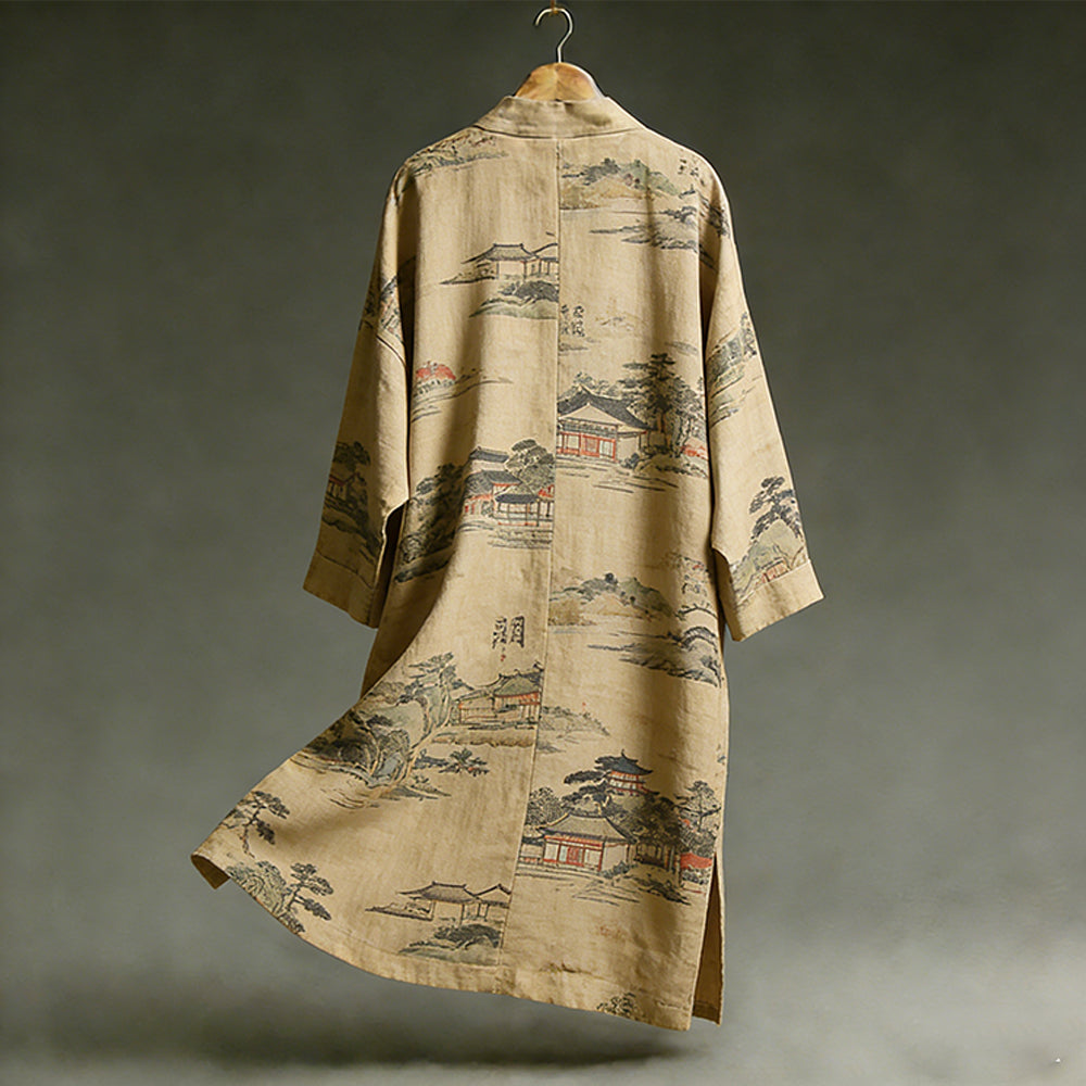 Men's Retro Landscape Art Linen Long Kimono