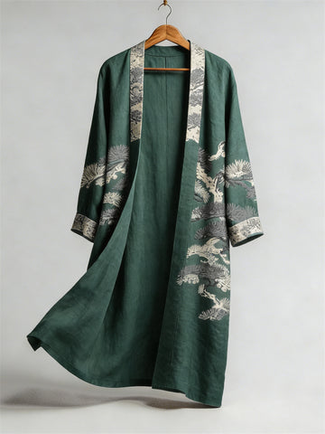 Japanese Pine Trees Lino Art Flowy Long Linen Kimono
